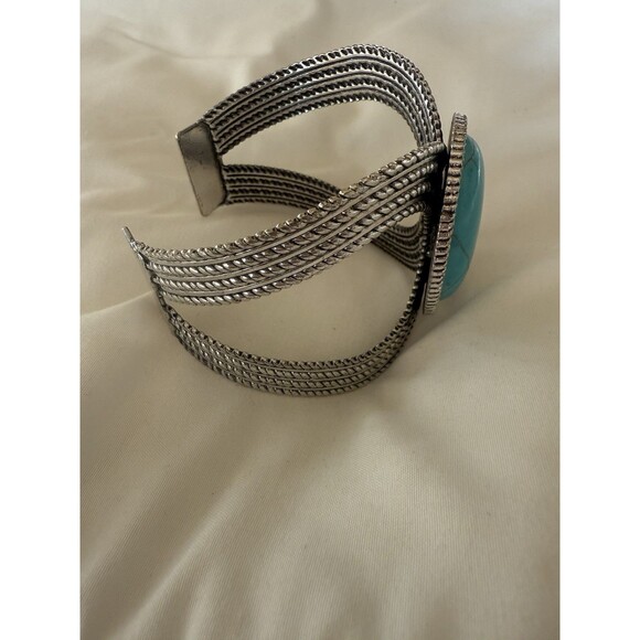 Turquoise Colored Dyed Stone WIDE Statement CUFF Bracelet Silver Tone Art Deco - Picture 5 of 7